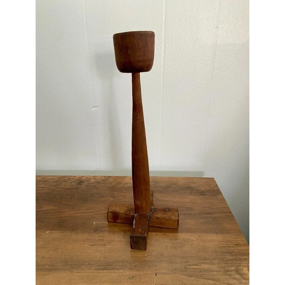 Mid Century Modern Wood Candlestick Holder Danish Pillar Round Dark Scandinavian